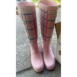Hunter Boots Original Tall Rock Tartan Pink Rain Boots Rubber Waterproof SZ 9 p